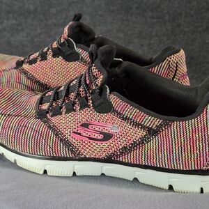 Skechers Women 8.5 Burst In The Mix Knit Slip On Bungee Sneakers BKMT Multi Pink